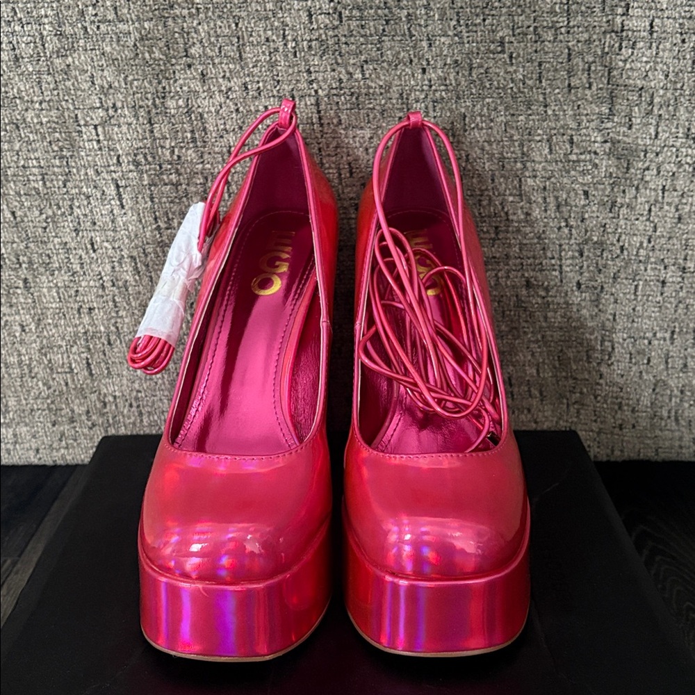 Lace Up Pink Platform Heels - Picture 2 of 5